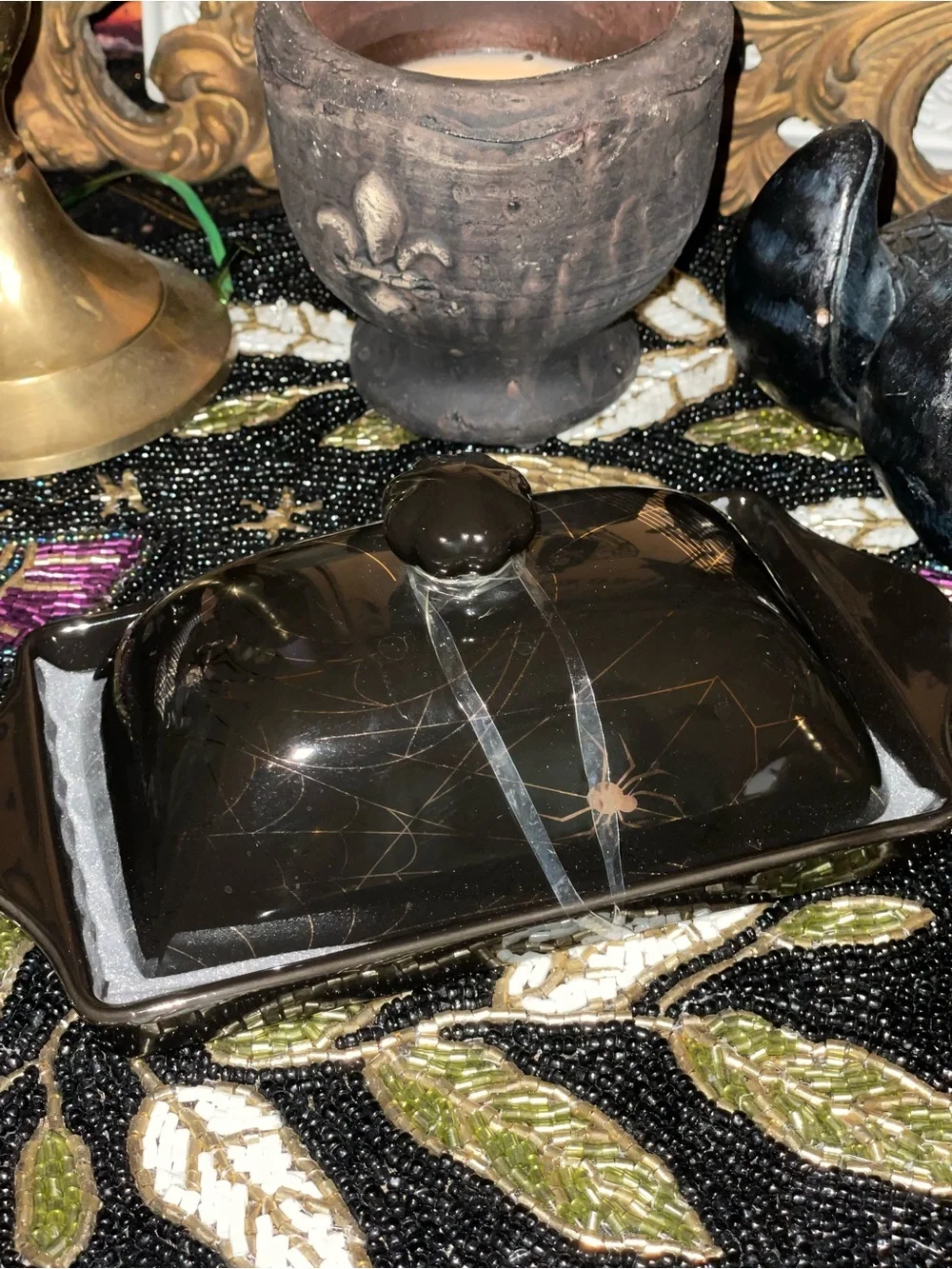 PARK CHATEAU NWOT Black Ceramic Butter Dish with Gold Spider Webbing Accent